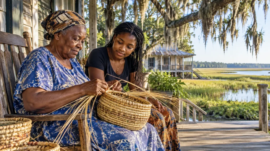 Une femme âgée afro-américaine tresse un panier traditionnel en herbes sous le regard d'une jeune femme, sur une île côtière de Caroline du Sud.