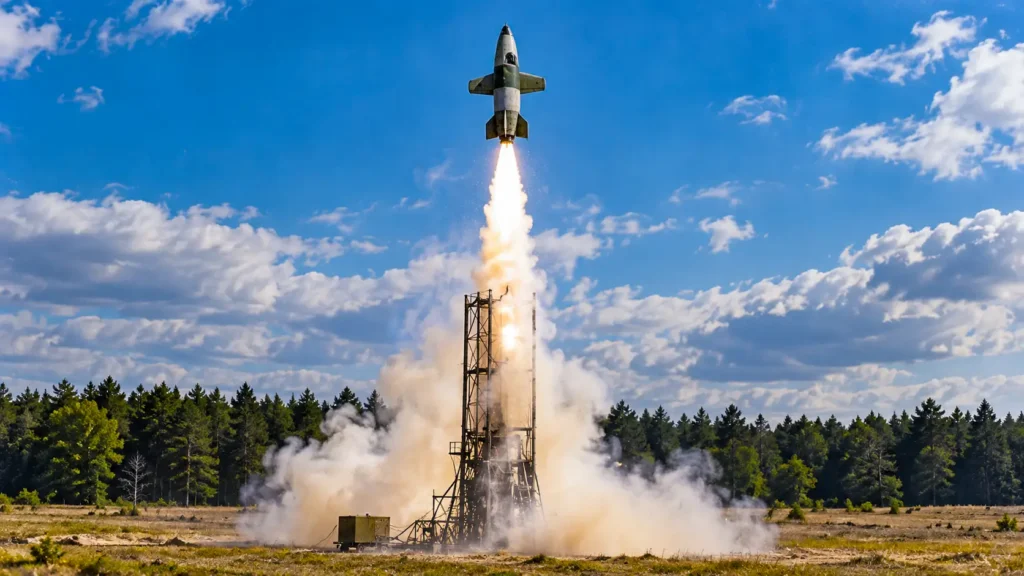 Un Bachem Ba 349 Natter décolle verticalement depuis sa tour de lancement, propulsé par une puissante flamme et un épais panache de fumée.