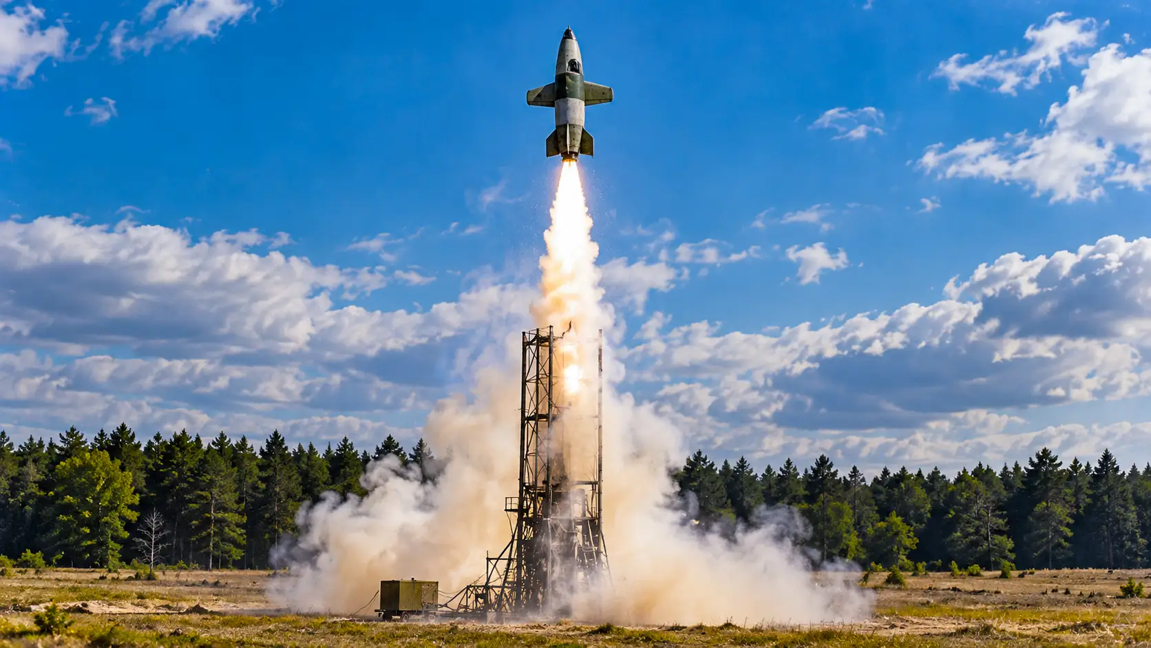 Un Bachem Ba 349 Natter décolle verticalement depuis sa tour de lancement, propulsé par une puissante flamme et un épais panache de fumée.