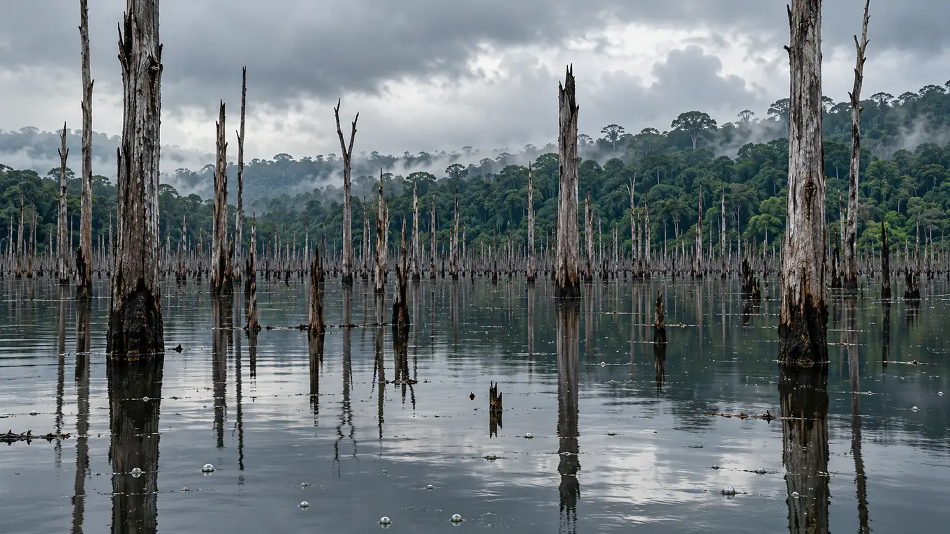 Troncs d'arbres morts dépassant de l'eau sombre d'un vaste réservoir amazonien, avec une forêt tropicale dense sur la rive et un ciel nuageux