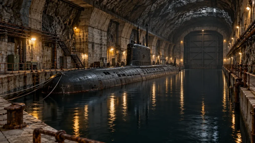 Vaste canal souterrain creusé dans la roche, éclairé par des lampes industrielles, avec un sous-marin soviétique sombre amarré le long d'un quai en béton