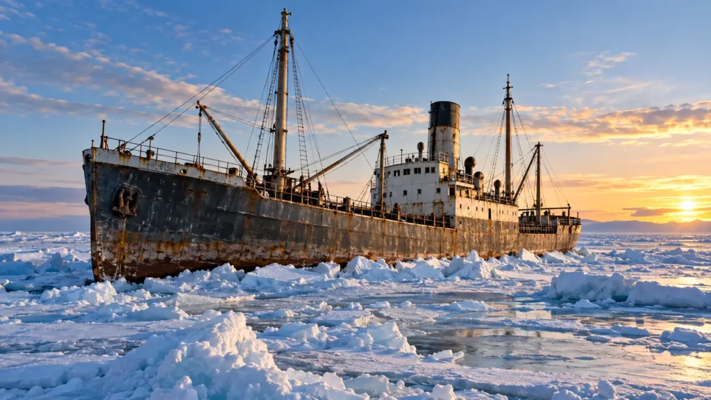 Le cargo Baychimo abandonné et prisonnier de la banquise arctique, entouré de glace sous une lumière froide et dorée.