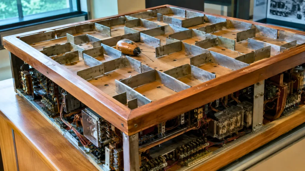 Reconstitution de Theseus, la souris mécanique de Claude Shannon, dans un labyrinthe métallique avec des relais électromécaniques visibles sous le plateau en bois.