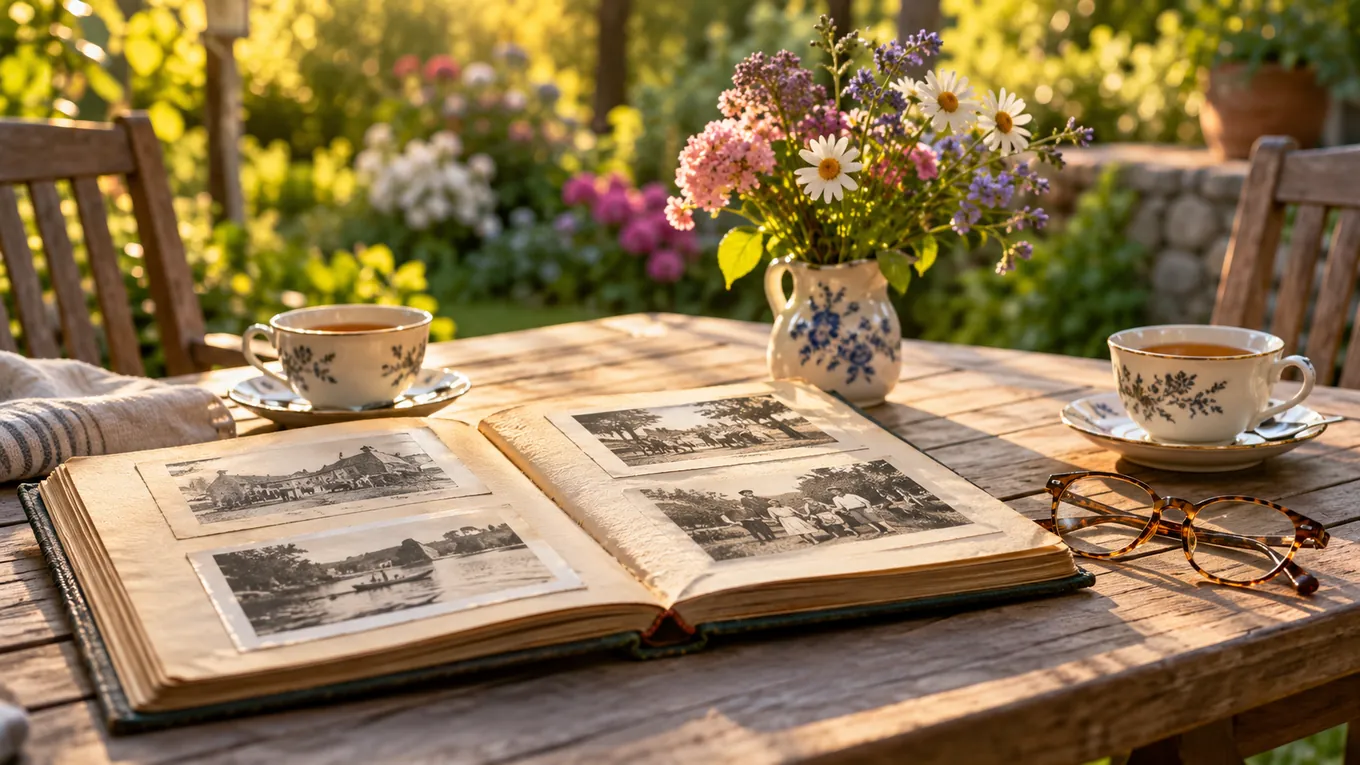 Deux tasses de thé, un album photo ouvert et une paire de lunettes posés sur une table de jardin en bois baignée de lumière de fin d'après-midi