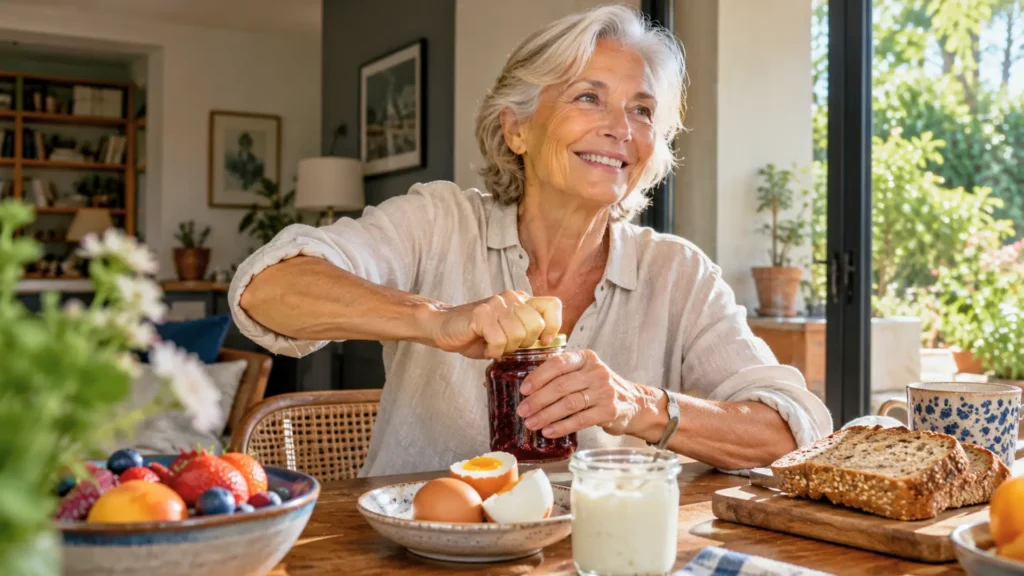 Femme senior aux cheveux blancs ouvrant un pot de confiture à son petit-déjeuner, illustrant la force de préhension et l'autonomie après 70 ans.