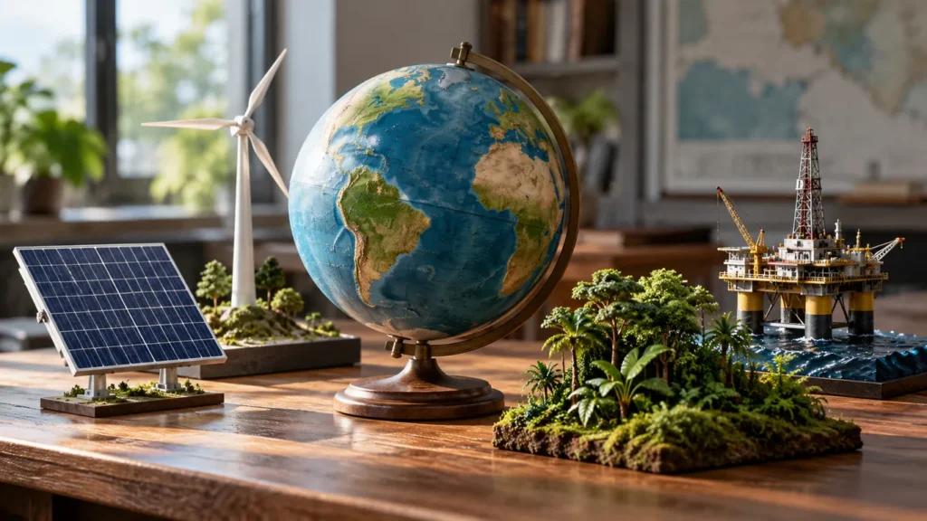 Globe terrestre posé sur un bureau, entouré d'une miniature de panneau solaire, d'une éolienne, d'une petite plateforme pétrolière et d'un brin de forêt