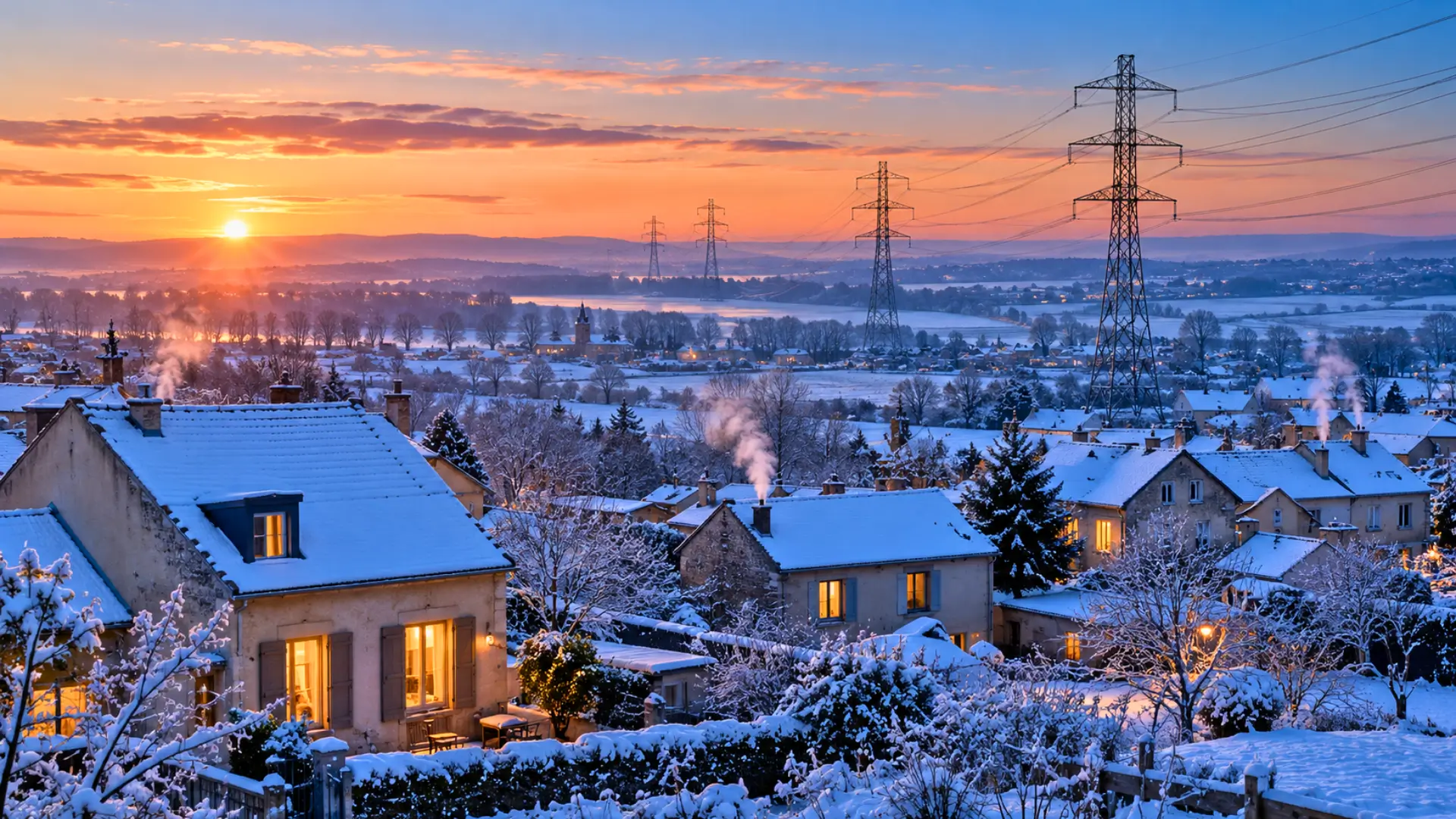 Village français recouvert de neige au lever du soleil, avec des maisons éclairées et des lignes à haute tension traversant le paysage hivernal.