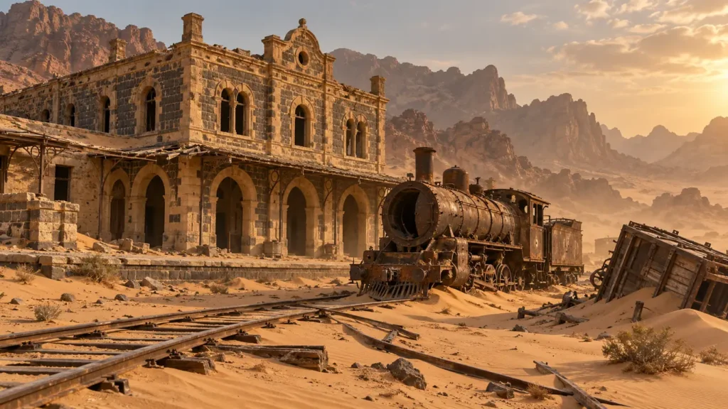 Gare ottomane en pierre abandonnée dans le désert d'Arabie, avec une locomotive à vapeur rouillée à moitié ensablée sur des rails tordus