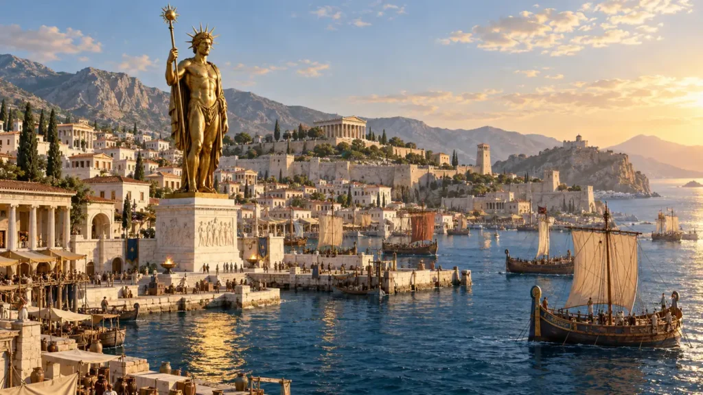 Reconstitution d'une immense statue de bronze du dieu Hélios debout sur un socle de pierre près d'un port grec antique avec des navires à voiles