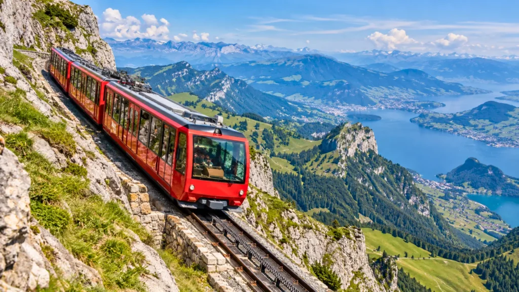 Train rouge à crémaillère du mont Pilate gravissant une pente escarpée dans les Alpes suisses, avec le lac des Quatre-Cantons en arrière-plan.