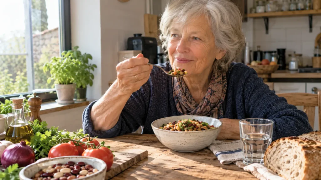 Une femme âgée aux cheveux gris déguste une salade de haricots dans sa cuisine, entourée d'aliments frais et de légumes.