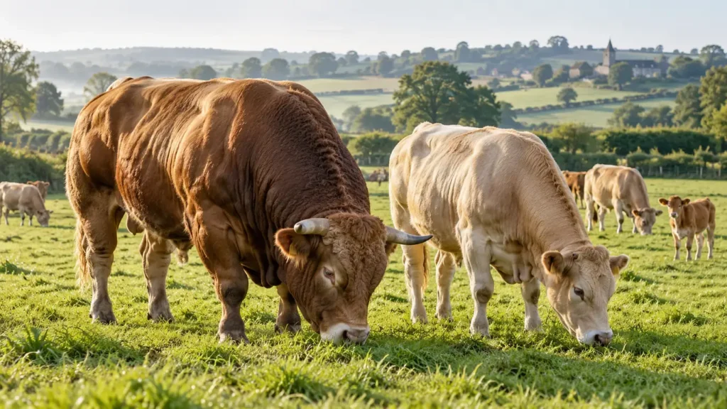 Un taureau massif à l'encolure puissante et un bœuf plus élancé broutant côte à côte dans un pré verdoyant
