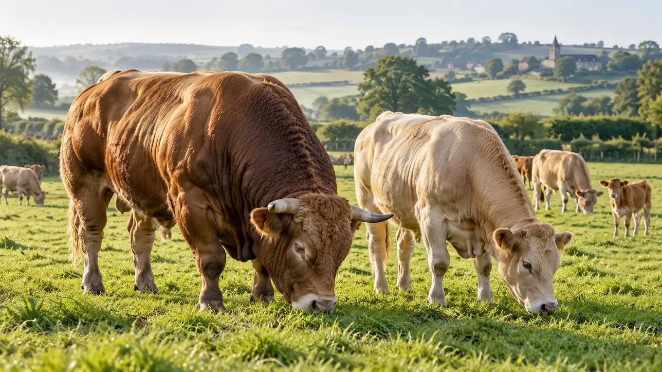 Un taureau massif à l'encolure puissante et un bœuf plus élancé broutant côte à côte dans un pré verdoyant
