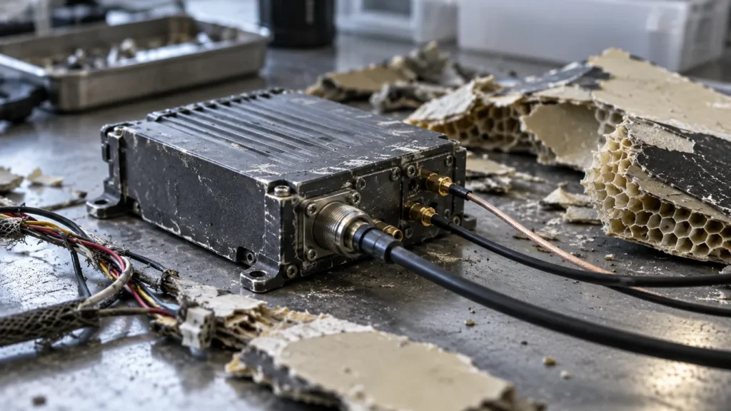 Petit boîtier électronique métallique sans marquage, avec connecteurs d'antenne, posé sur un établi à côté de débris de fibre composite et de câbles