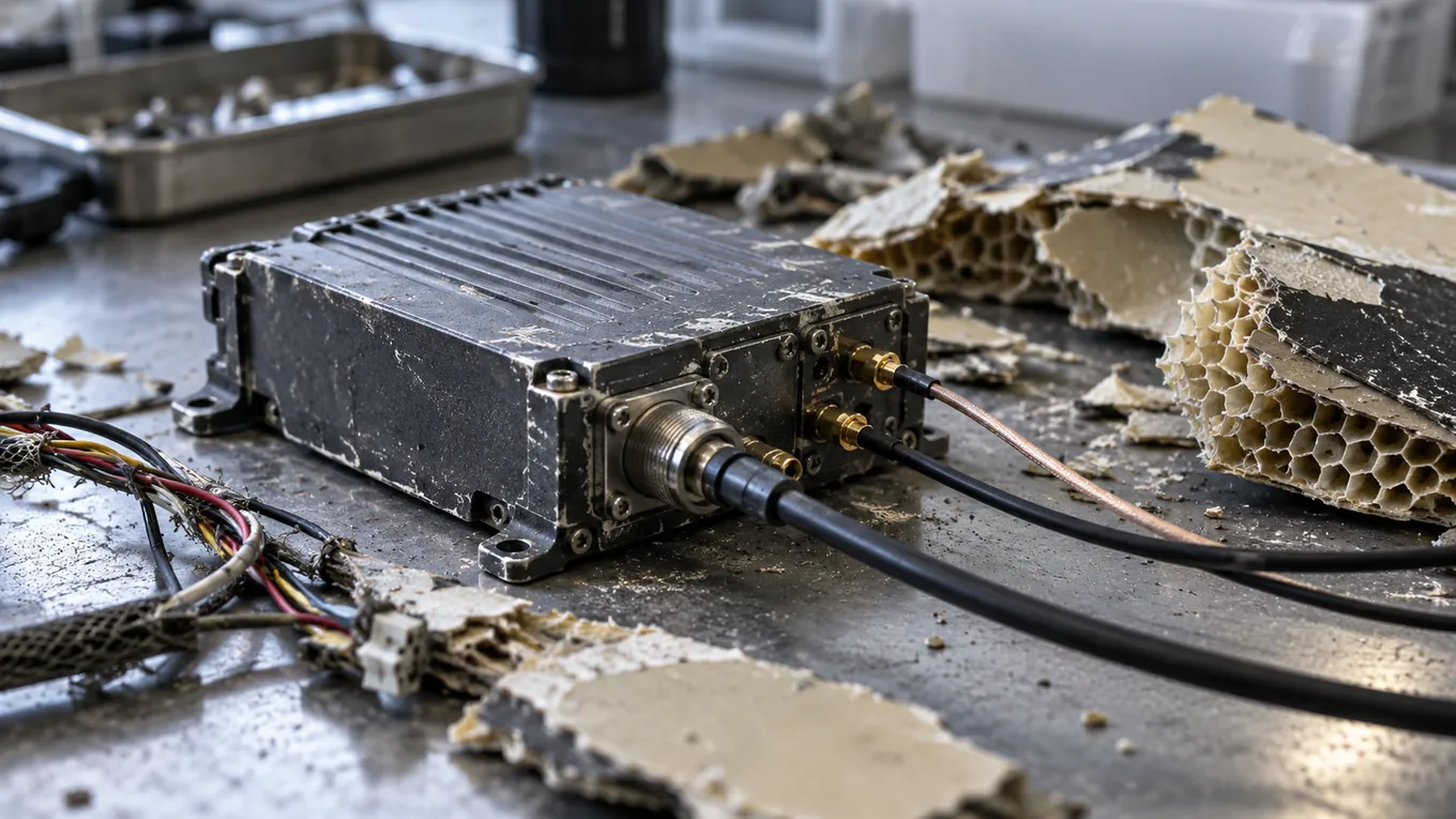 Petit boîtier électronique métallique sans marquage, avec connecteurs d'antenne, posé sur un établi à côté de débris de fibre composite et de câbles