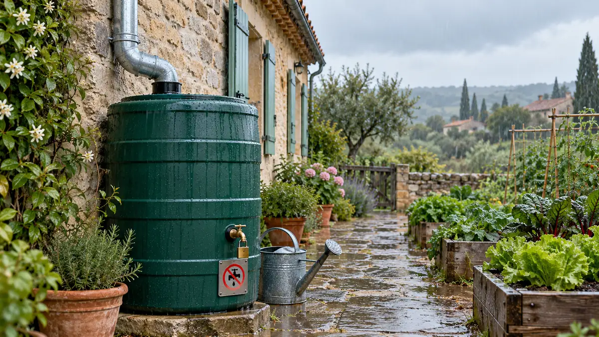 Cuve verte de récupération d'eau de pluie reliée à une gouttière en zinc au pied d'une maison, avec un robinet verrouillable et une plaque eau non potable