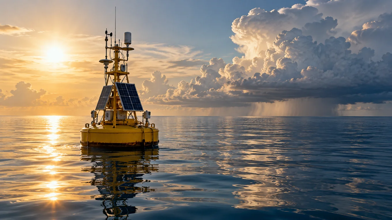 Bouée de mesure océanographique jaune flottant sur une mer calme du Pacifique tropical sous un soleil voilé, avec des nuages d'orage à l'horizon