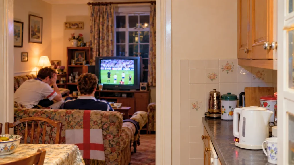 Bouilloire électrique allumée dans une cuisine britannique de 1990, avec deux supporters anglais déçus devant un match de football à la télévision.