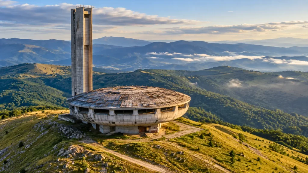 Vue aérienne du monument de Buzludzha en Bulgarie, immense structure circulaire en béton avec une tour de 70 mètres, dominant les montagnes des Balkans.