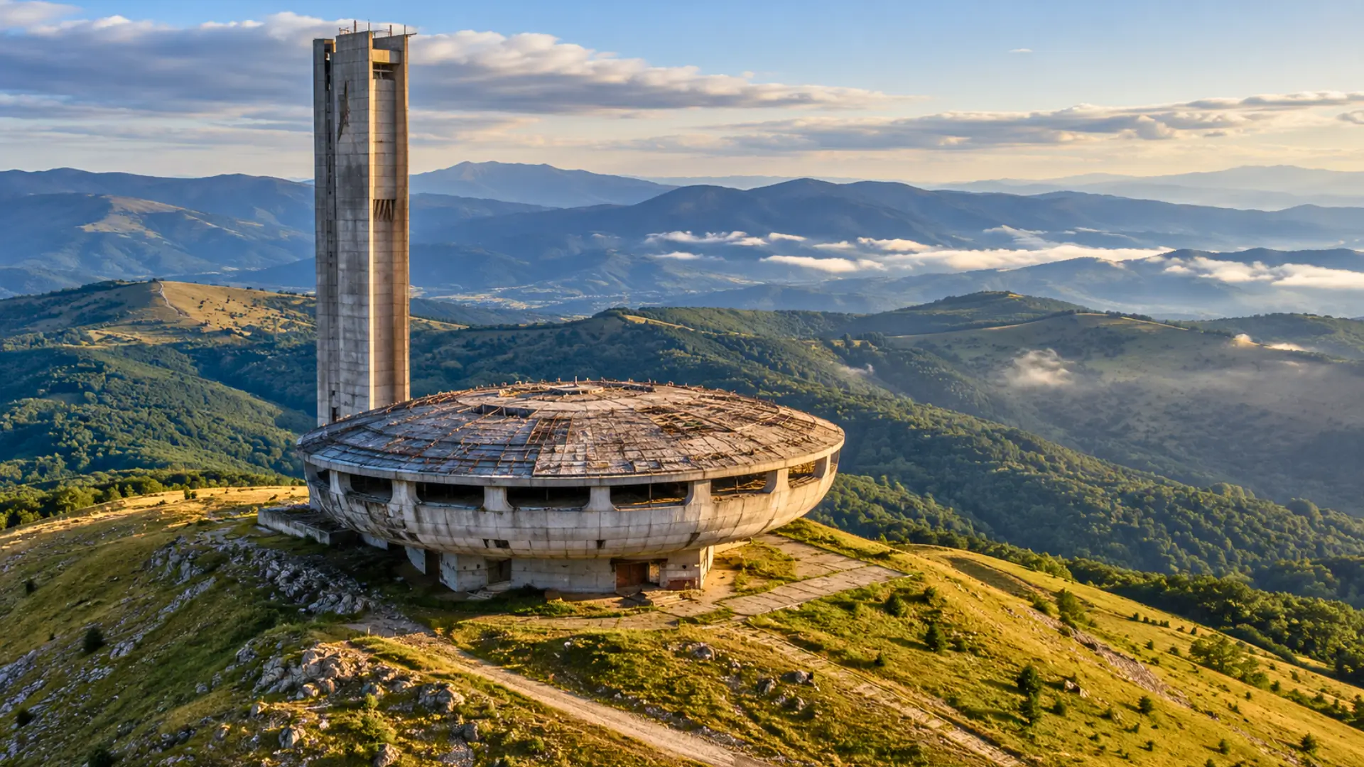 Vue aérienne du monument de Buzludzha en Bulgarie, immense structure circulaire en béton avec une tour de 70 mètres, dominant les montagnes des Balkans.