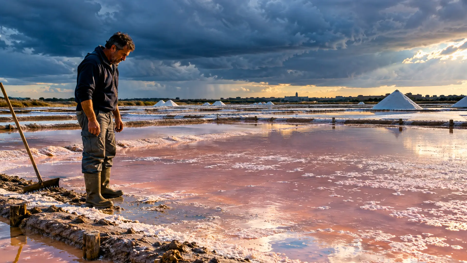Un saunier observe les bassins de sel inondés à Aigues-Mortes, en Camargue, sous un ciel orageux, après de fortes pluies.