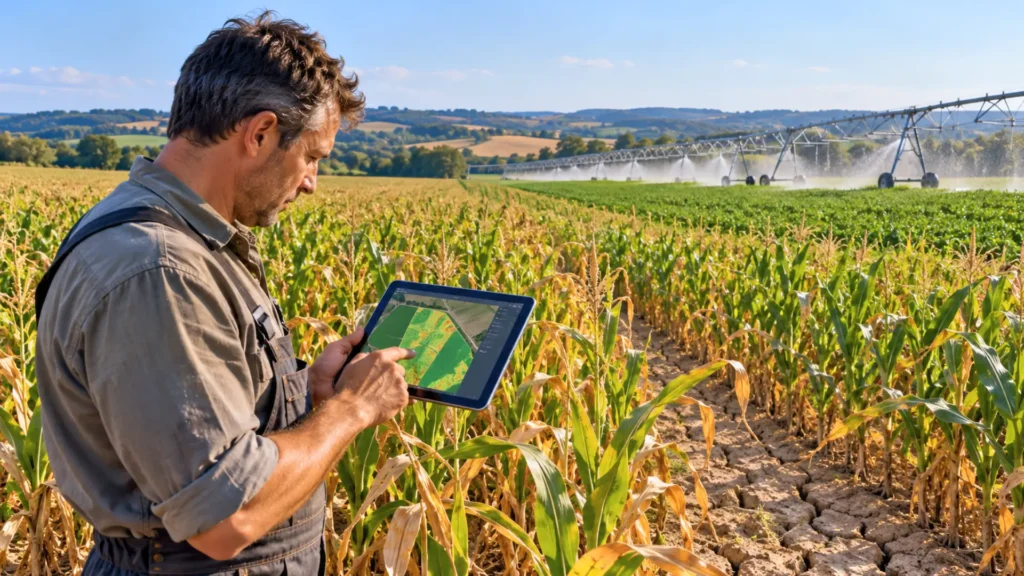 Agriculteur français consultant une carte satellite sur une tablette au milieu d'un champ de maïs touché par la sécheresse, avec un système d'irrigation en arrière-plan.