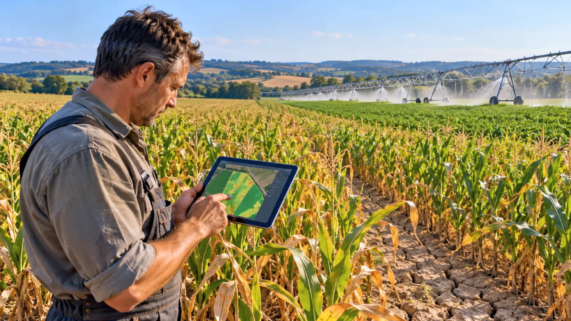 Agriculteur français consultant une carte satellite sur une tablette au milieu d'un champ de maïs touché par la sécheresse, avec un système d'irrigation en arrière-plan.