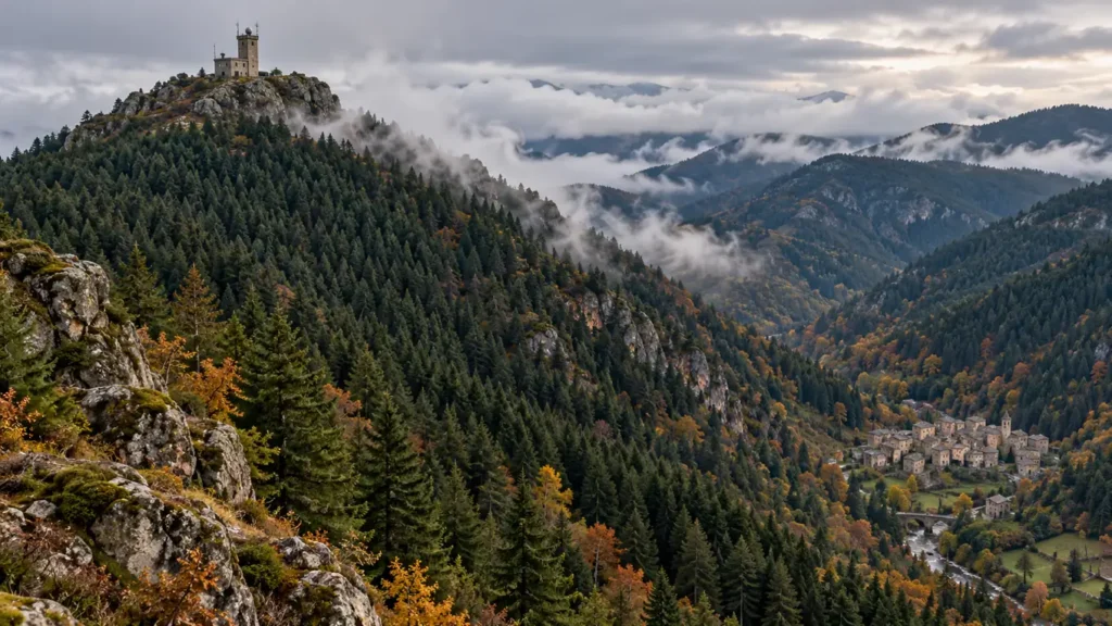 Pentes du mont Aigoual couvertes d'une forêt dense de résineux, avec l'observatoire météorologique en pierre au sommet sous un ciel nuageux
