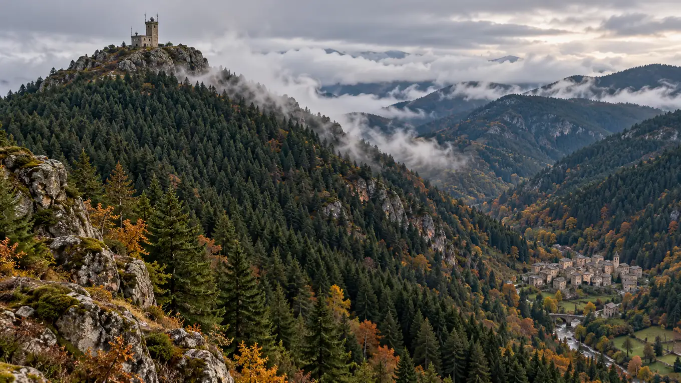 Pentes du mont Aigoual couvertes d'une forêt dense de résineux, avec l'observatoire météorologique en pierre au sommet sous un ciel nuageux