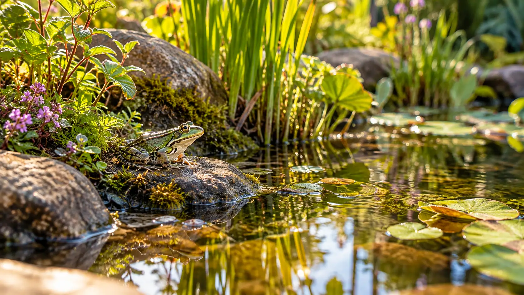 Une grenouille verte repose sur une pierre au bord d’une petite mare de jardin entourée de plantes aquatiques.