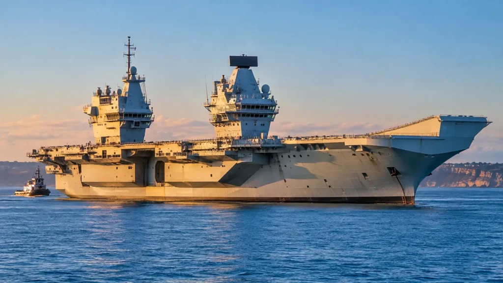 Le porte-avions britannique HMS Prince of Wales immobilisé en mer, escorté par un remorqueur après une panne de propulsion.