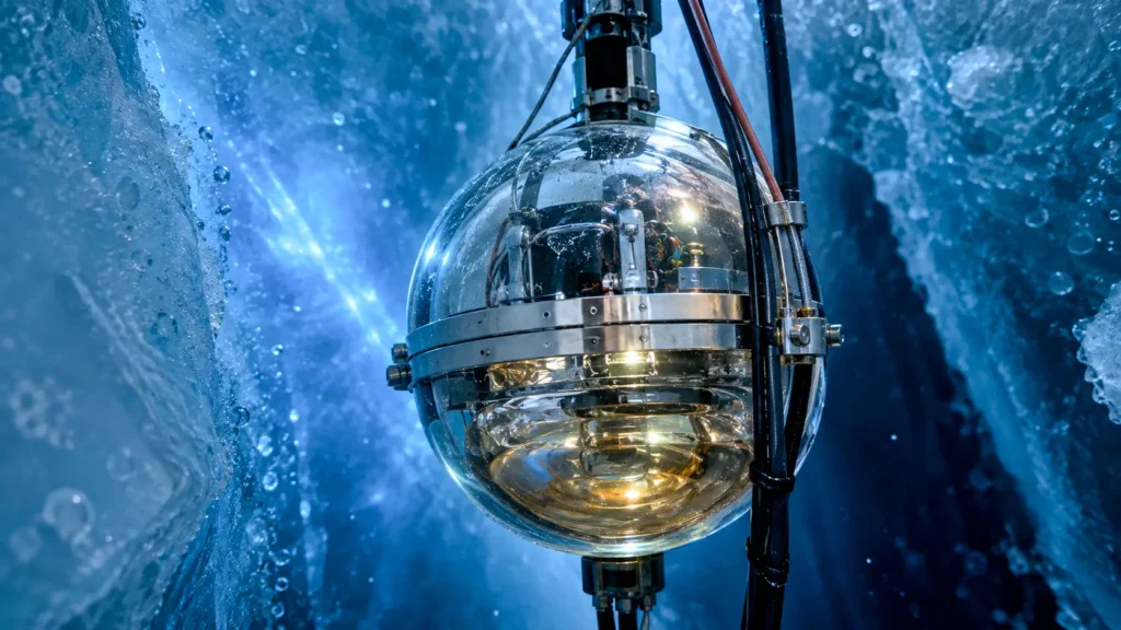 Un module optique du détecteur IceCube suspendu dans la glace antarctique, entouré de profondes nuances bleues.