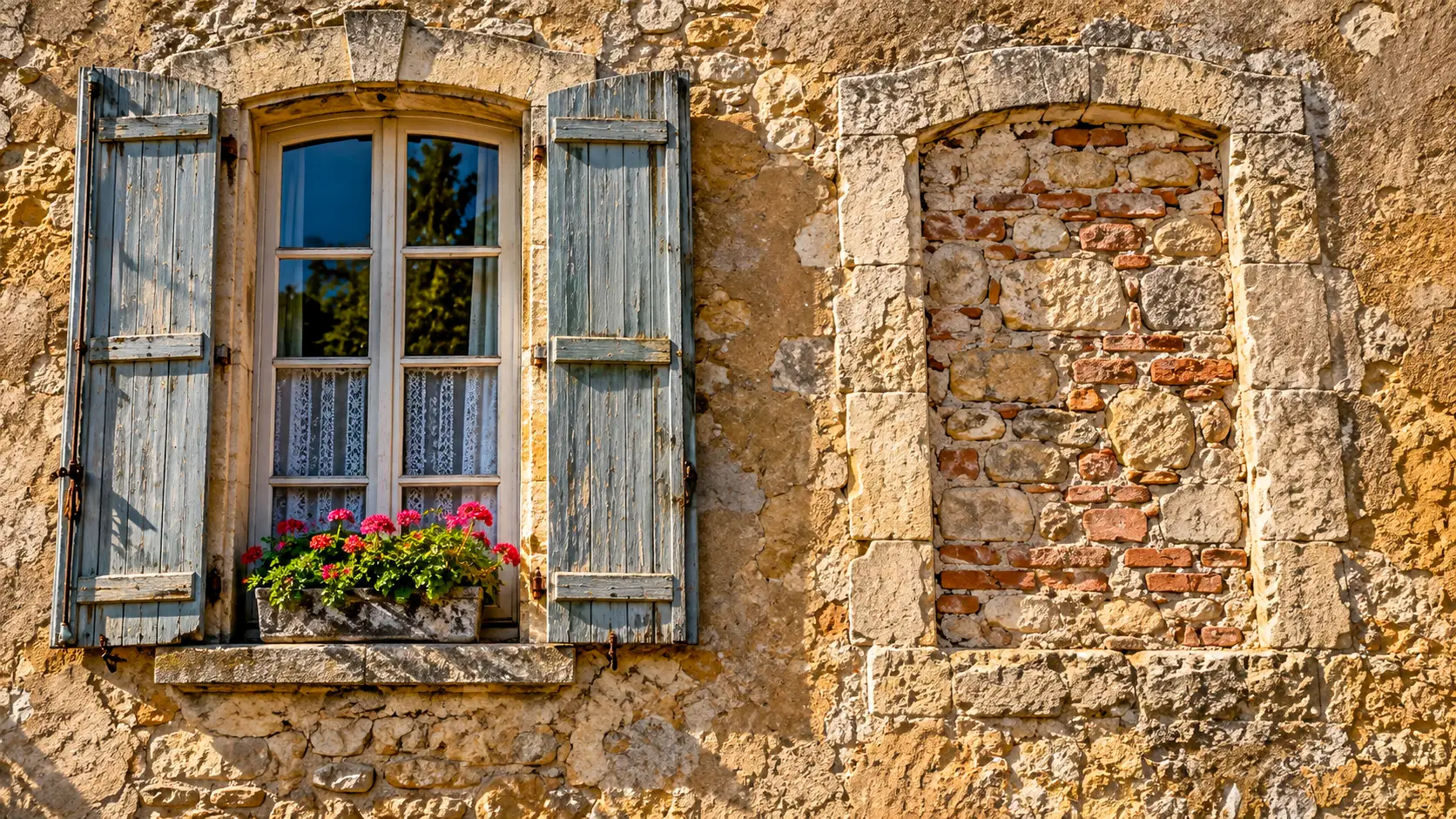 Une ancienne façade en pierre montre une fenêtre encore ouverte à côté d’une seconde ouverture entièrement murée.