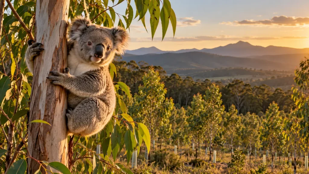 Koala agrippé au tronc d'un jeune eucalyptus dans une forêt replantée du Queensland, avec des collines boisées à l'arrière-plan