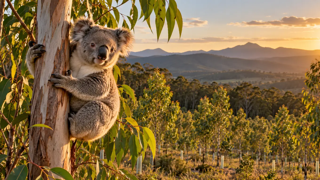 Koala agrippé au tronc d'un jeune eucalyptus dans une forêt replantée du Queensland, avec des collines boisées à l'arrière-plan