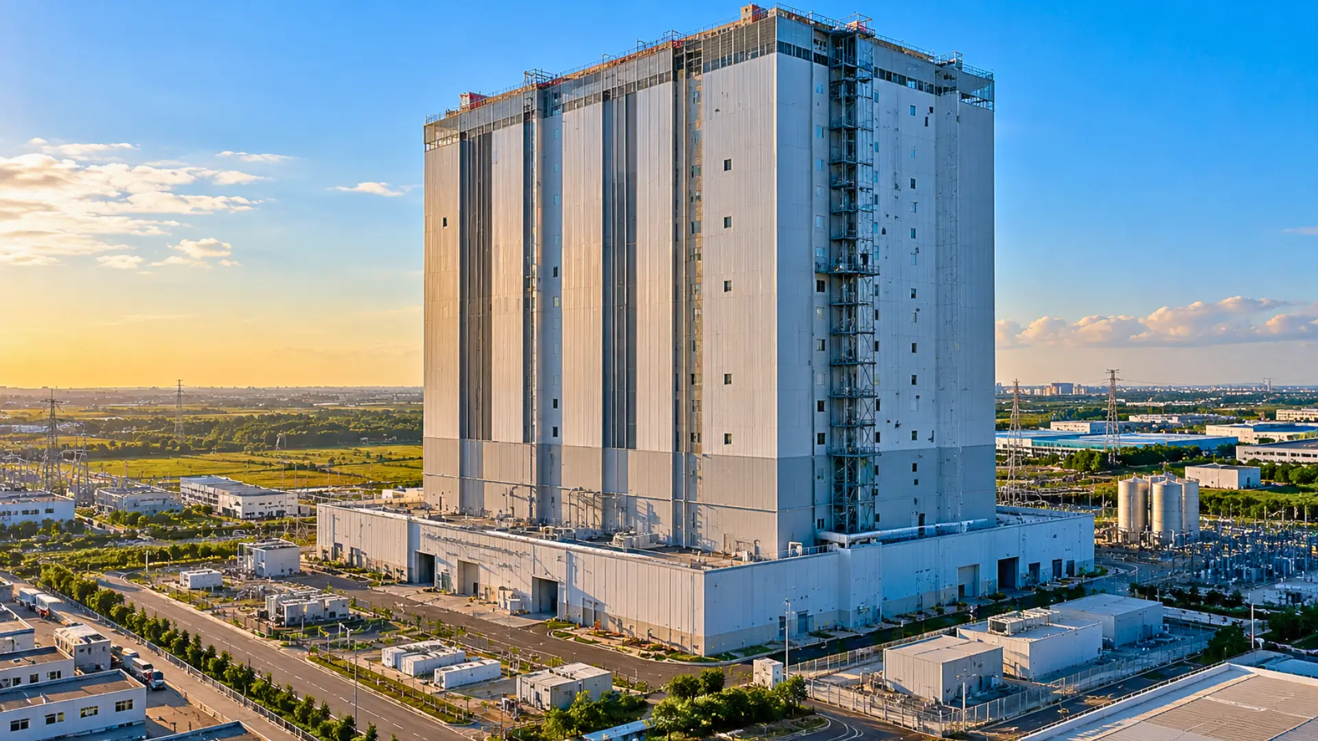 Vue aérienne photoréaliste d'une immense installation industrielle illustrant la batterie gravitaire Rudong EVx de 148 mètres en Chine.