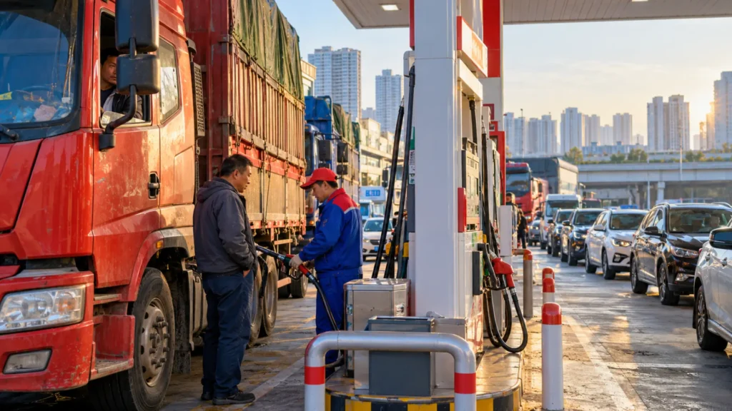 File de camions et de voitures dans une station-service en Chine sur fond de tensions croissantes sur l’approvisionnement en diesel.