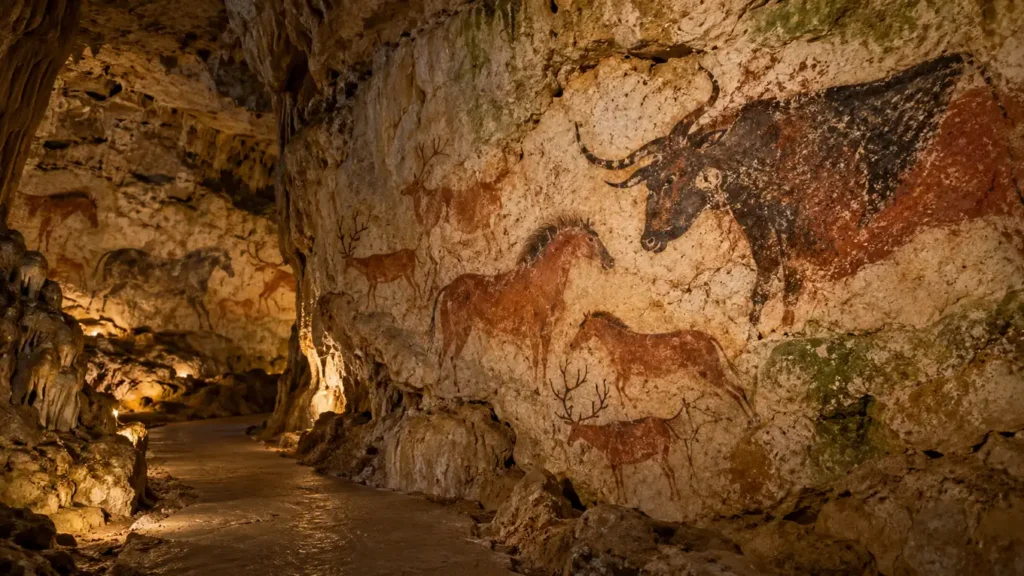 Paroi calcaire d'une grotte ornée couverte de peintures préhistoriques d'aurochs et de chevaux en ocre et noir, éclairée par une lumière faible et chaude