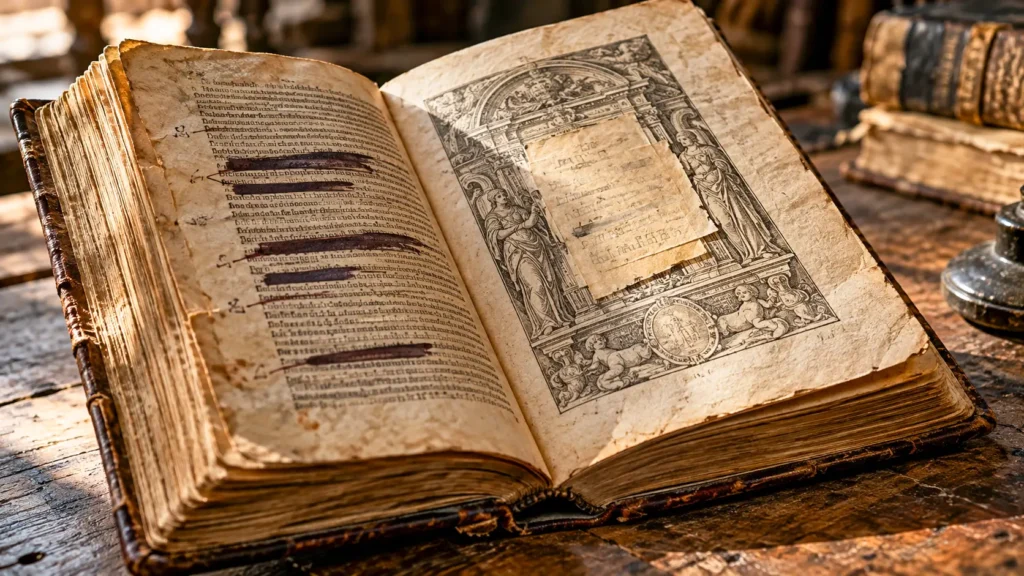 Un ancien livre imprimé ouvert montre plusieurs passages censurés à l’encre noire, évoquant la surveillance des ouvrages à Venise au XVIe siècle.