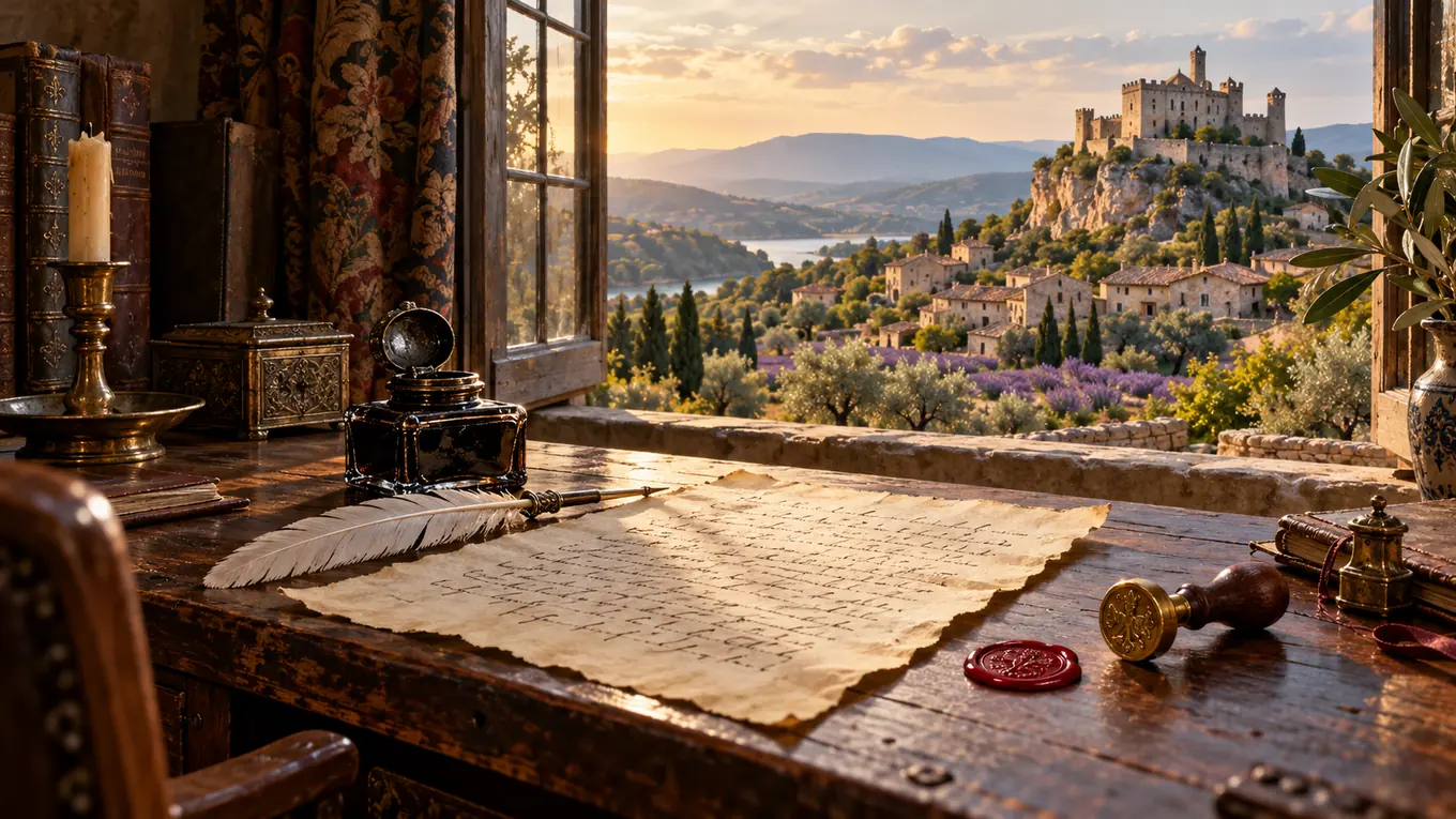 Bureau en bois ancien avec une lettre manuscrite à l'encre, une plume d'oie et un cachet de cire, devant une fenêtre ouverte sur un château Renaissance perché au-dessus d'un village provençal