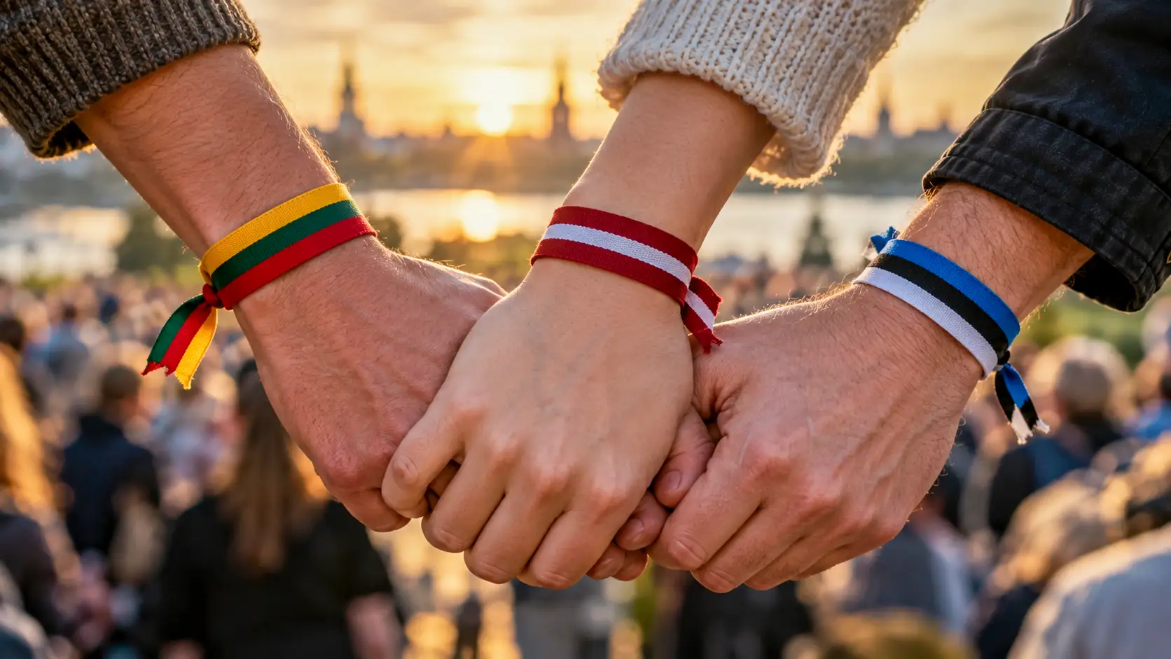 Trois personnes se tiennent la main, portant des bracelets aux couleurs de la Lituanie, de la Lettonie et de l’Estonie.