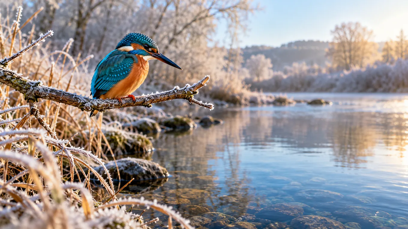 Martin-pêcheur d'Europe au dos turquoise et à la poitrine orangée perché sur une branche basse au-dessus d'une eau calme, berges givrées