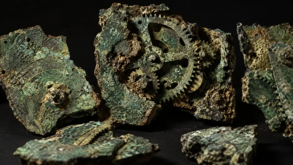 Fragments de bronze corrodés vert-de-gris d'un mécanisme antique à engrenages, posés sur un fond noir de musée sous un éclairage rasant