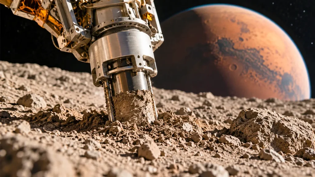 Un système robotique prélève des échantillons à la surface de Phobos, avec Mars visible en arrière-plan.