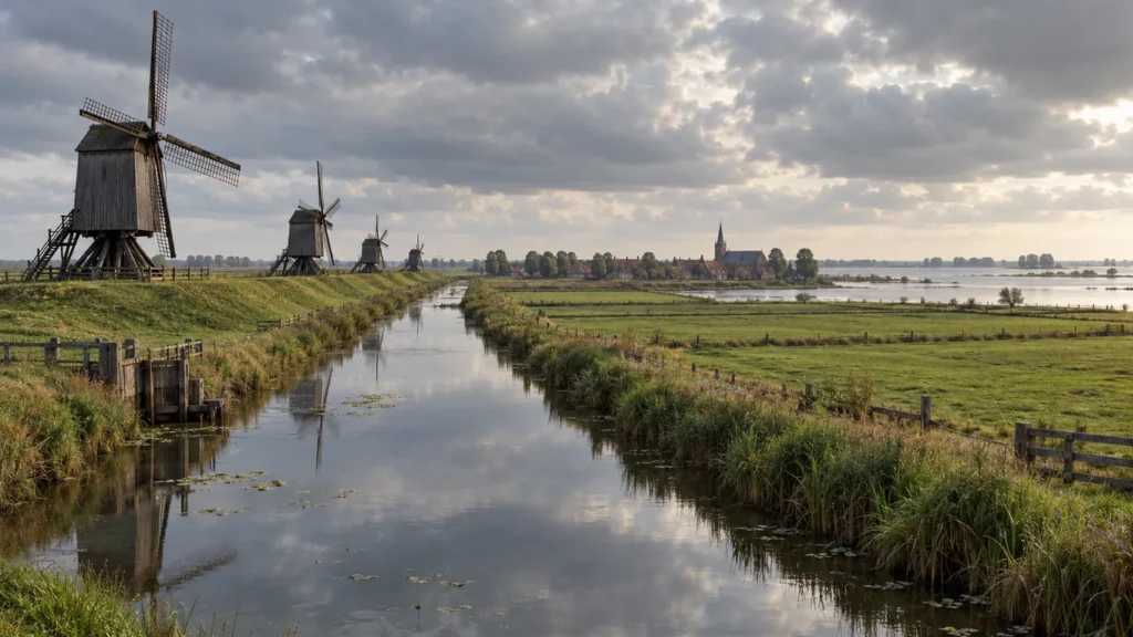 Plaine agricole plate des Moëres traversée par un canal rectiligne, avec un ancien moulin à vent en bois et un village à clocher à l'horizon sous un ciel gris