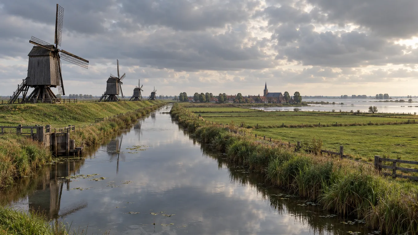 Plaine agricole plate des Moëres traversée par un canal rectiligne, avec un ancien moulin à vent en bois et un village à clocher à l'horizon sous un ciel gris