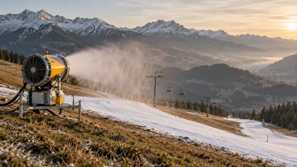 Enneigeur à ventilateur installé au bord d'une piste de ski presque verte, avec quelques bandes de neige produite et des sommets à peine blanchis en arrière-plan