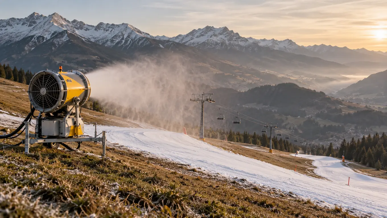 Enneigeur à ventilateur installé au bord d'une piste de ski presque verte, avec quelques bandes de neige produite et des sommets à peine blanchis en arrière-plan