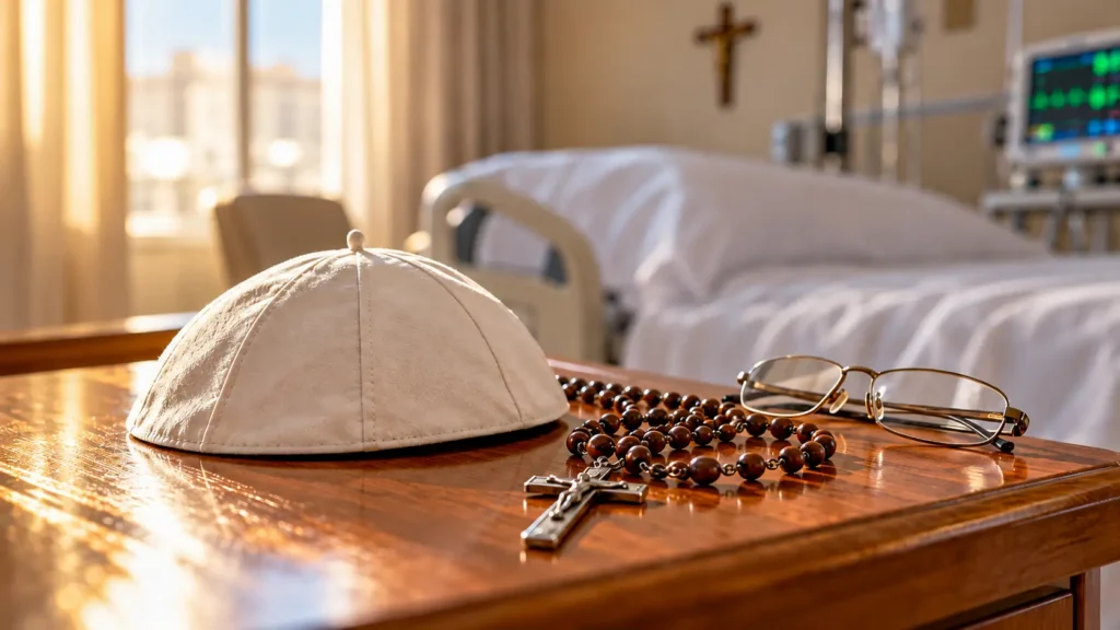 Une calotte papale blanche posée près d’un chapelet et de lunettes dans une chambre d’hôpital.