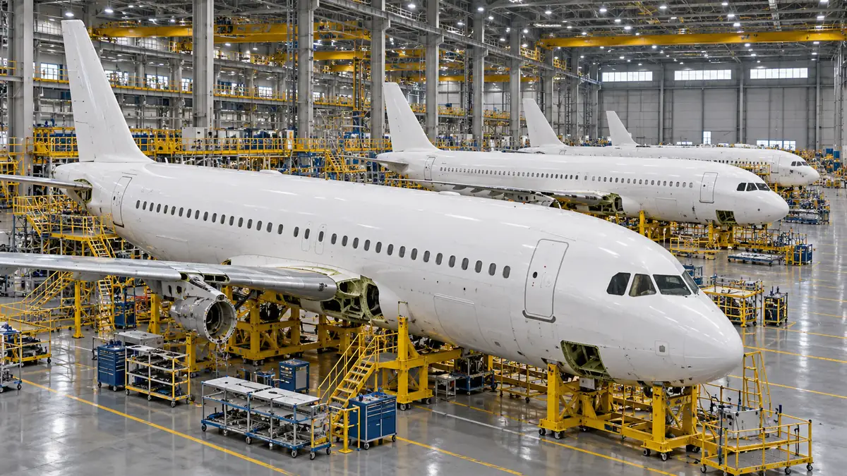 Hall d'assemblage aéronautique où plusieurs fuselages d'avions monocouloirs blancs sans moteurs attendent sur leurs supports, sous un éclairage industriel